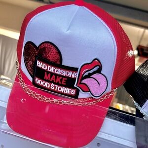 Red & White Trucker Hat  “Bad Decisions make good stories”